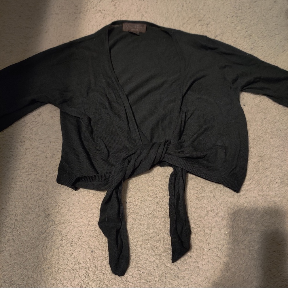 Great Plains London Elegant Black Long Sleeve Tie-Front Cropped Sweater Shrug